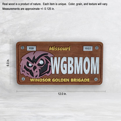 Windsor Owls Novelty License Plate - WGBMOM - Solid Cherry Art Decor Collectible - Precision Carved - Hand Finished - Made in USA