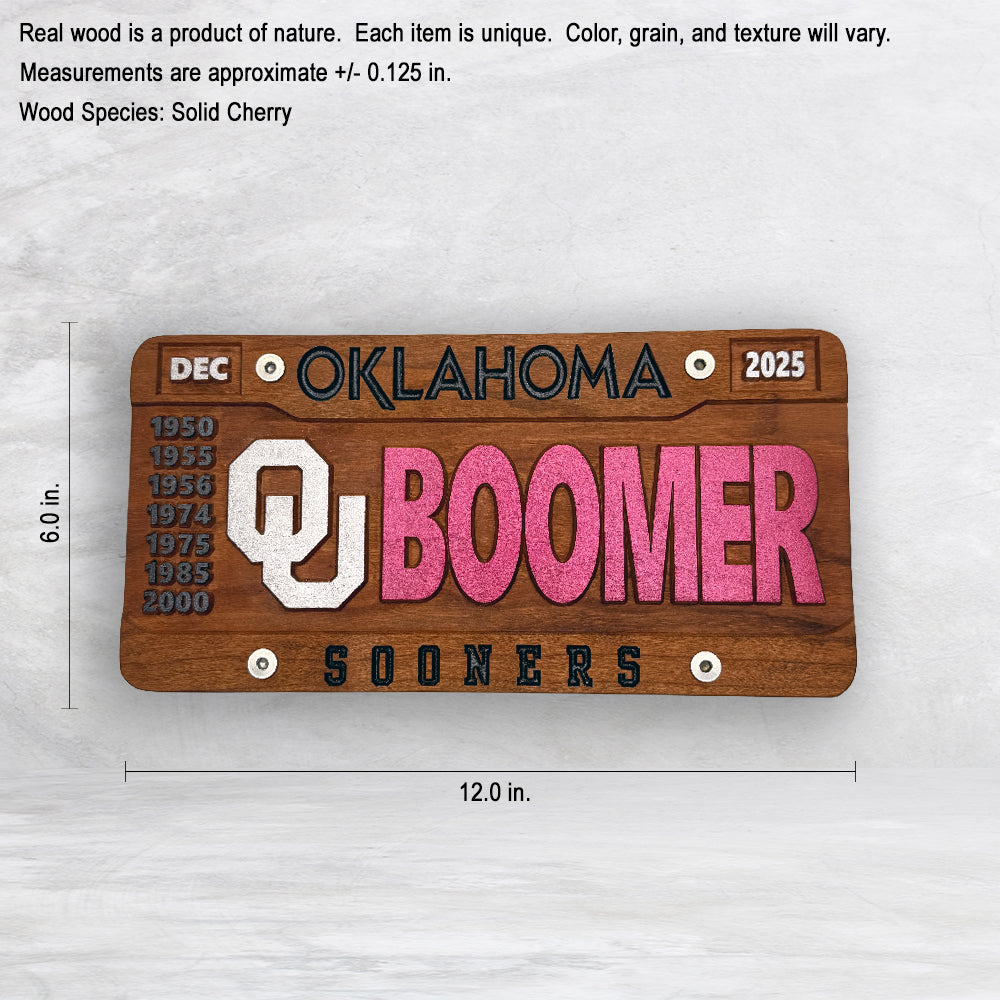 U of O BOOMER Wood Novelty License Plate - Solid Cherry Art Decor Collectible - Precision Carved - Hand Finished - Made in USA