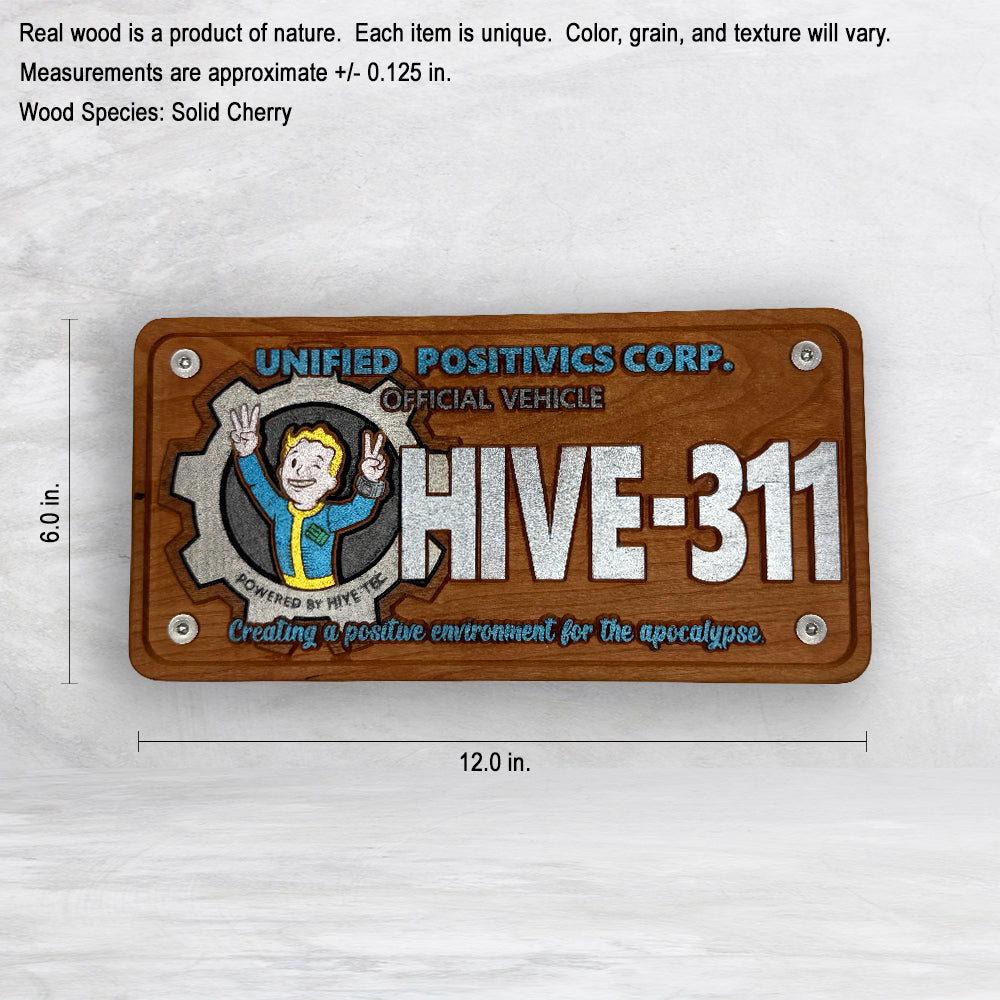 Fallout Inspired LE 311 Novelty License Plate - HIVE311 - Solid Cherry Art Decor Collectible - Precision Carved - Hand Finished - Made in USA