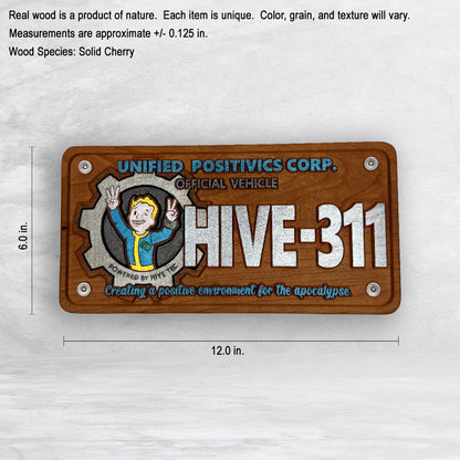 Fallout Inspired LE 311 Novelty License Plate - HIVE311 - Solid Cherry Art Decor Collectible - Precision Carved - Hand Finished - Made in USA