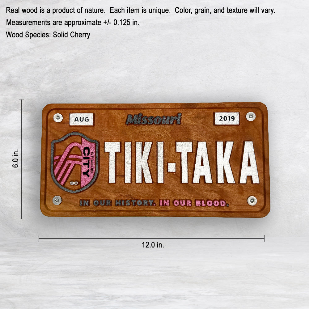 STL City Soccer Novelty License Plate - TIKI-TAKA - Solid Cherry Art Decor Collectible - Precision Carved - Hand Finished - Made in USA