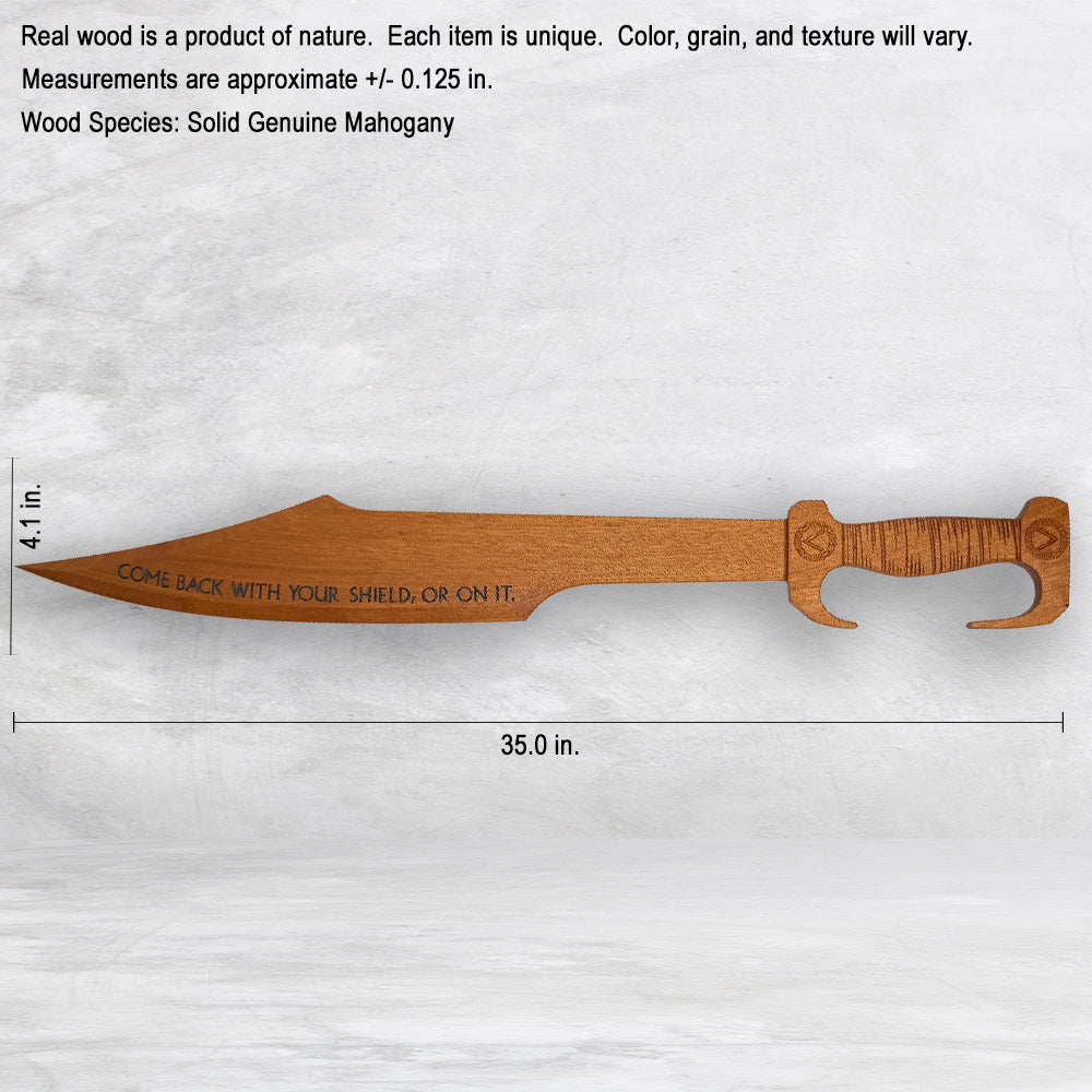 3D Wood Spartan Sword - Solid Mahogany Decor Art - Precision Carved - Hand Finished - Made in USA