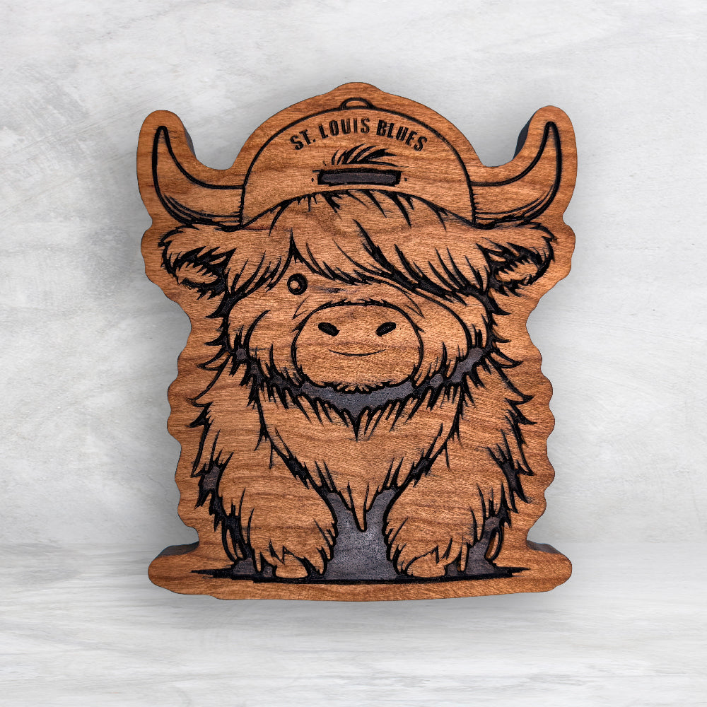 Highland Cow Blues Fan - Precision Carved Solid Cherry Sign Art - Made in USA