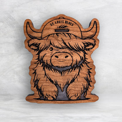 Highland Cow Blues Fan - Precision Carved Solid Cherry Sign Art - Made in USA