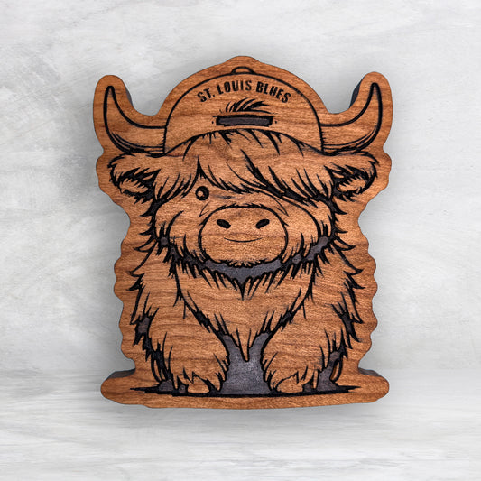 Highland Cow Blues Fan - Precision Carved Solid Cherry Sign Art - Made in USA