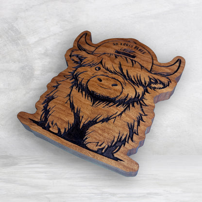 Highland Cow Blues Fan - Precision Carved Solid Cherry Sign Art - Made in USA