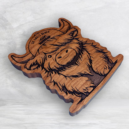 Highland Cow Blues Fan - Precision Carved Solid Cherry Sign Art - Made in USA