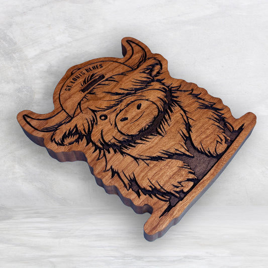 Highland Cow Blues Fan - Precision Carved Solid Cherry Sign Art - Made in USA
