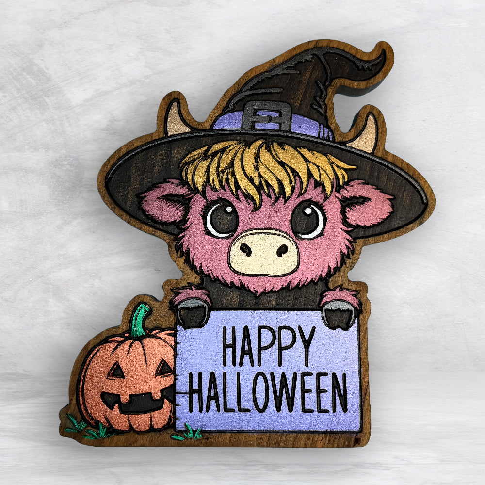 Highland Cow Witch - Happy Halloween - Precision Carved Solid Cherry Sign Art - Made in USA