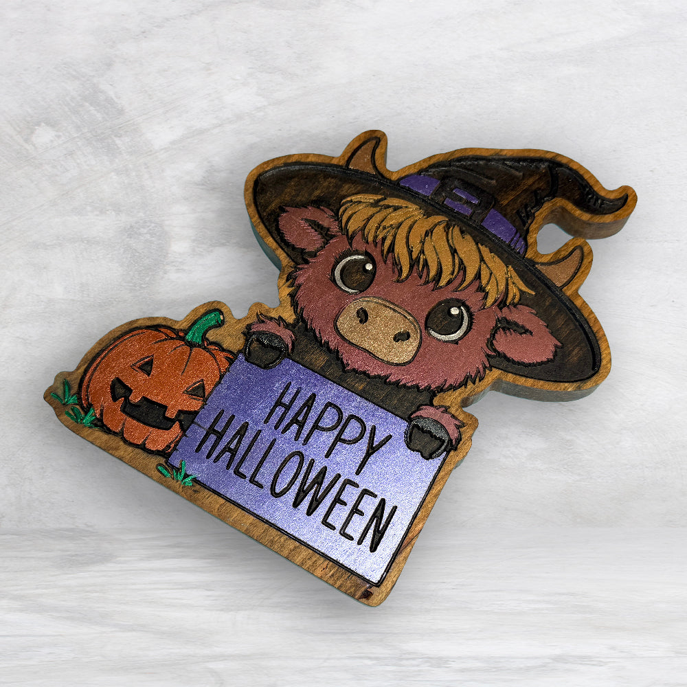 Highland Cow Witch - Happy Halloween - Precision Carved Solid Cherry Sign Art - Made in USA
