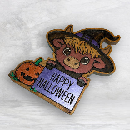 Highland Cow Witch - Happy Halloween - Precision Carved Solid Cherry Sign Art - Made in USA