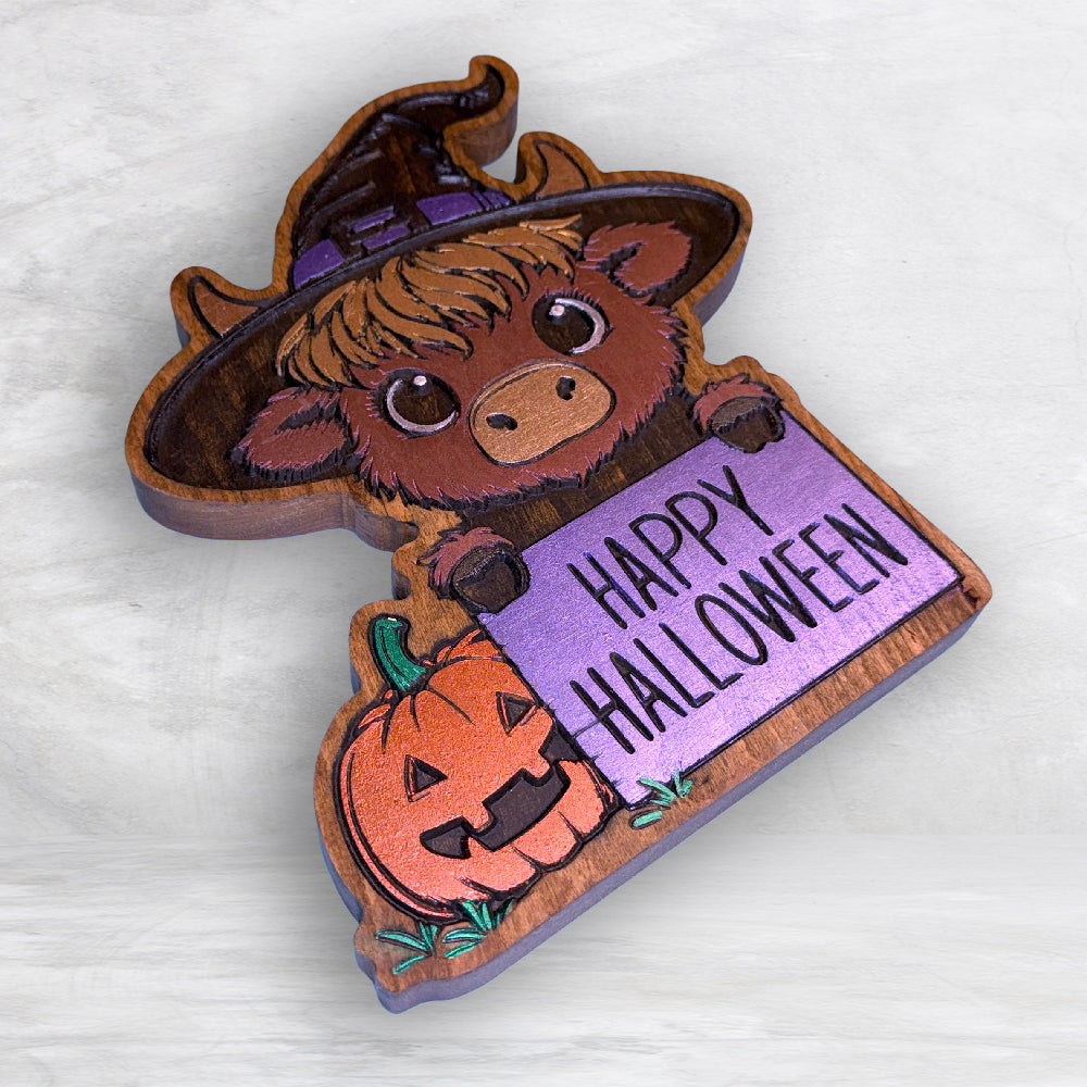 Highland Cow Witch - Happy Halloween - Precision Carved Solid Cherry Sign Art - Made in USA
