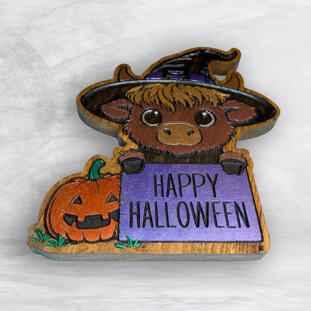 Highland Cow Witch - Happy Halloween - Precision Carved Solid Cherry Sign Art - Made in USA