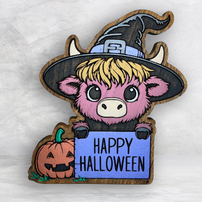 Highland Cow Witch - Happy Halloween - Precision Carved Solid Cherry Sign Art - Made in USA