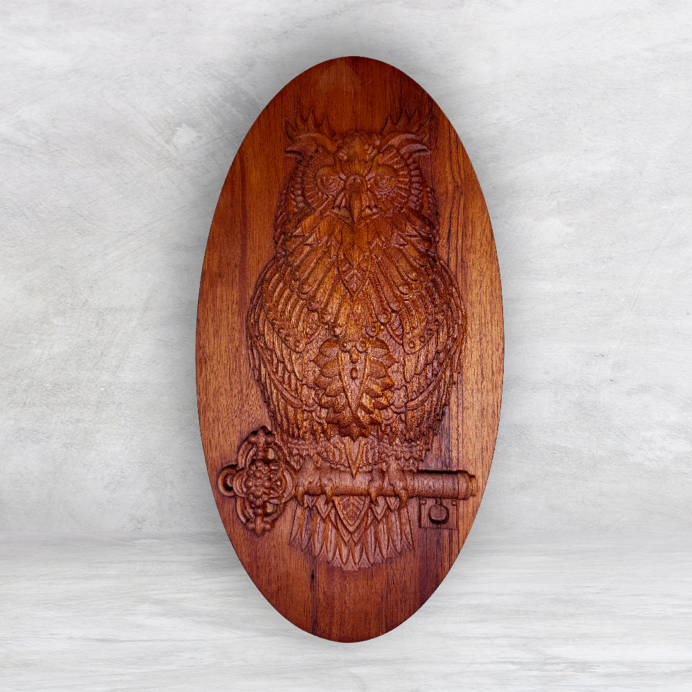 3D Owl Wood Carving - Precision Carved Solid Mahogany Art - Made in USA