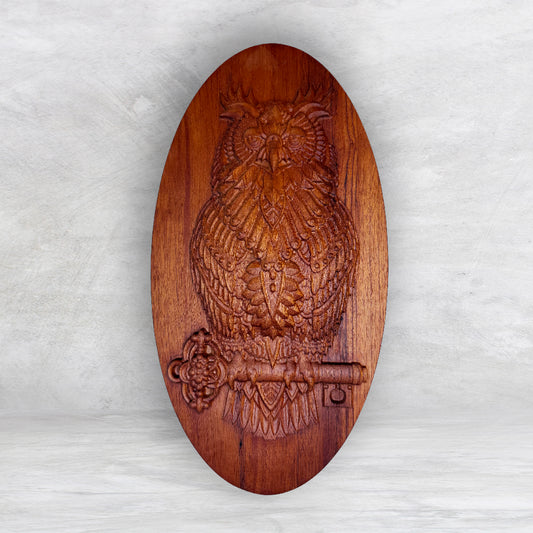 3D Owl Wood Carving - Precision Carved Solid Mahogany Art - Made in USA