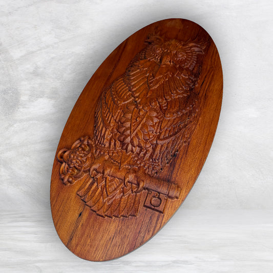 3D Owl Wood Carving - Precision Carved Solid Mahogany Art - Made in USA
