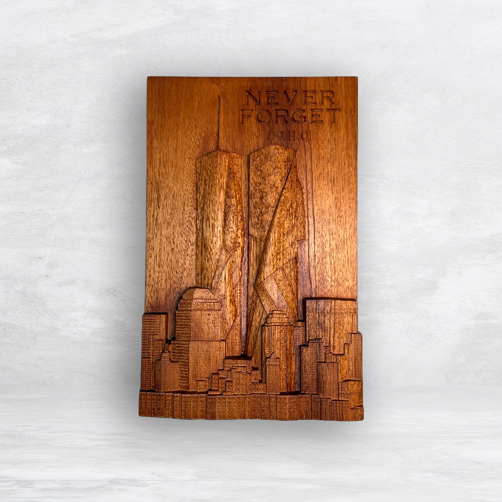 3D 9/11 Memorial "Never Forget" Twin Towers Wood Carving - Precision Carved Solid Mahogany Art - Made in USA
