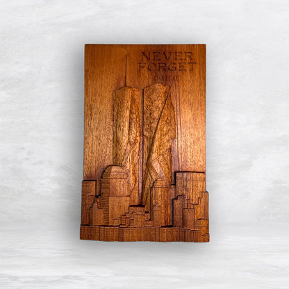 3D 9/11 Memorial "Never Forget" Twin Towers Wood Carving - Precision Carved Solid Mahogany Art - Made in USA