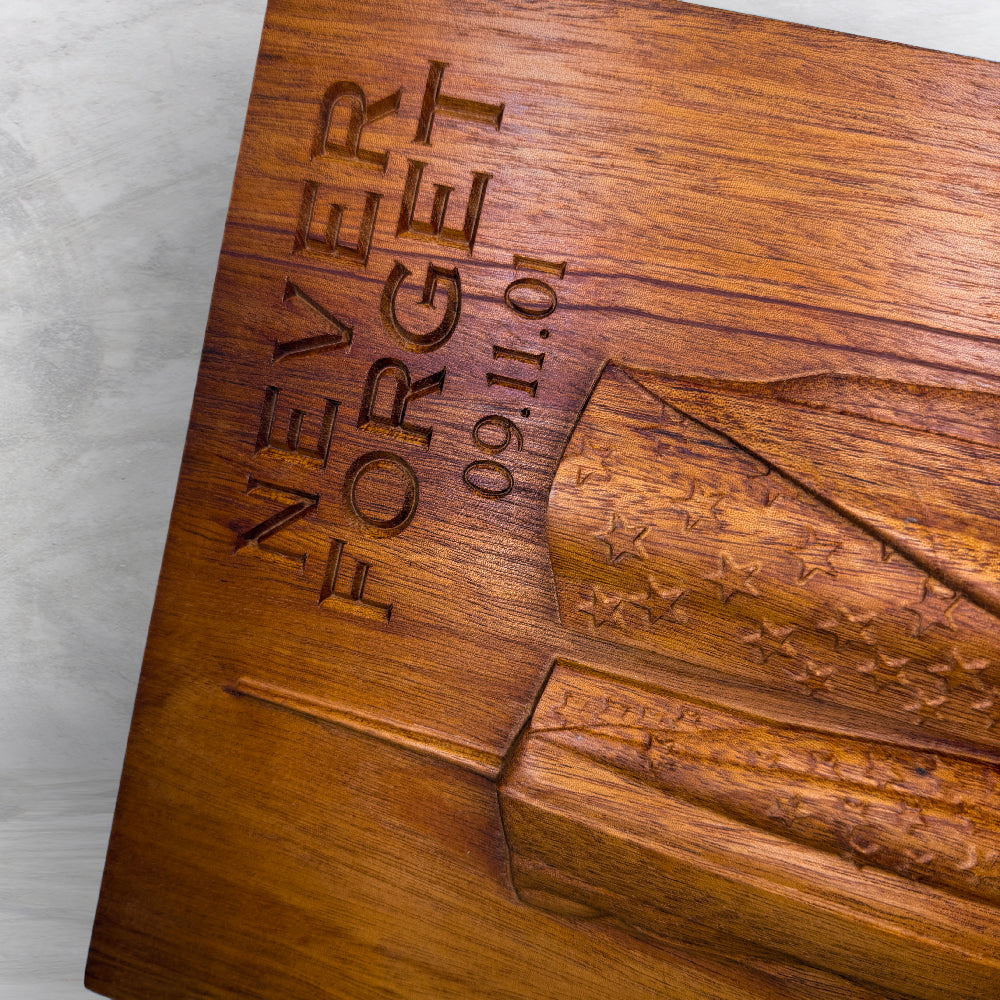 3D 9/11 Memorial "Never Forget" Twin Towers Wood Carving - Precision Carved Solid Mahogany Art - Made in USA