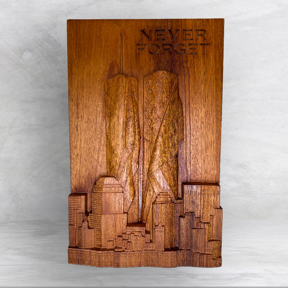 3D 9/11 Memorial "Never Forget" Twin Towers Wood Carving - Precision Carved Solid Mahogany Art - Made in USA