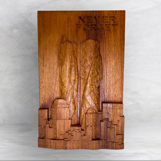 3D 9/11 Memorial "Never Forget" Twin Towers Wood Carving - Precision Carved Solid Mahogany Art - Made in USA