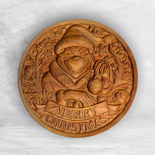 3D Grinch 1 - Unpainted - Precision Carved Solid Cherry Christmas Decor Art - Made in USA