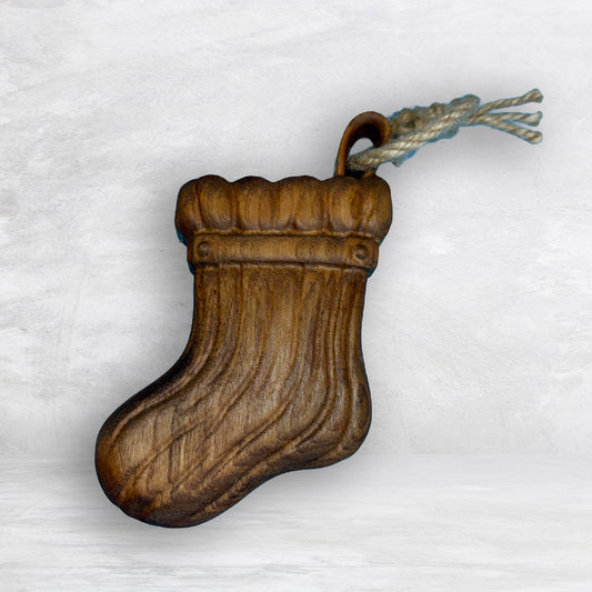 3D Carved Wood Stocking Ornament - Stain Only - Precision Carved Solid Cherry Christmas Ornament - Made in USA