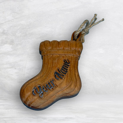 Personalized 3D Carved Wood Stocking Ornament - Precision Carved Solid Cherry Christmas Ornament - Made in USA