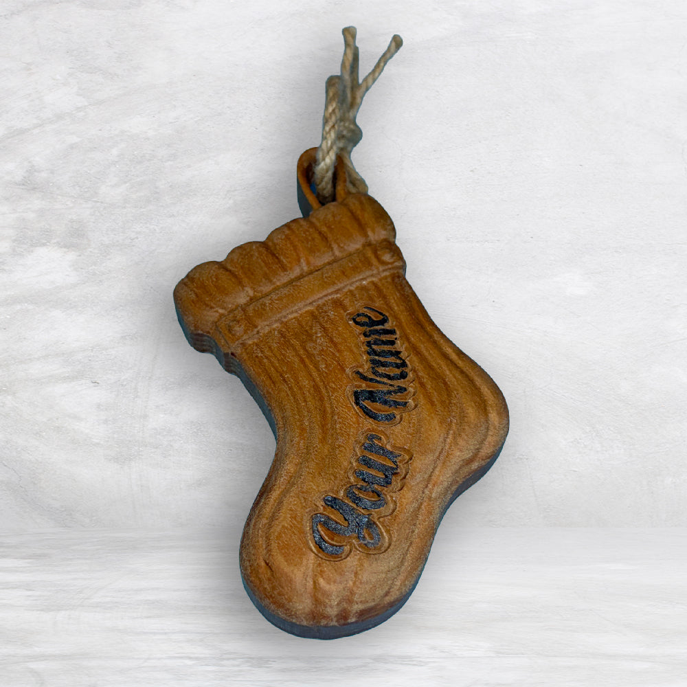 Personalized 3D Carved Wood Stocking Ornament - Precision Carved Solid Cherry Christmas Ornament - Made in USA