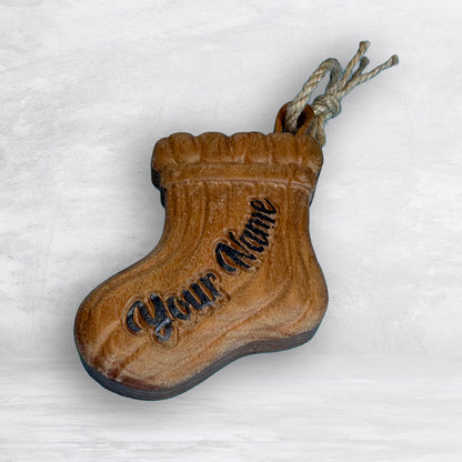 Personalized 3D Carved Wood Stocking Ornament - Precision Carved Solid Cherry Christmas Ornament - Made in USA