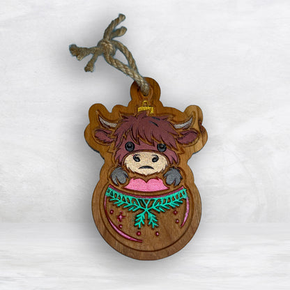Highland Cow Ornament 1 - Precision Carved Solid Cherry Christmas Ornament - Made in USA