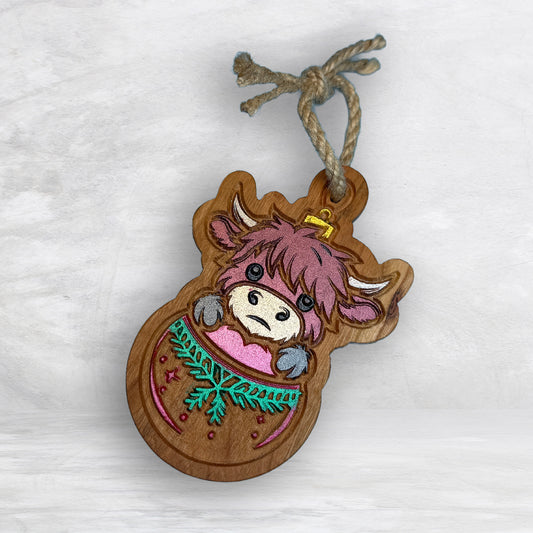 Highland Cow Ornament 1 - Precision Carved Solid Cherry Christmas Ornament - Made in USA