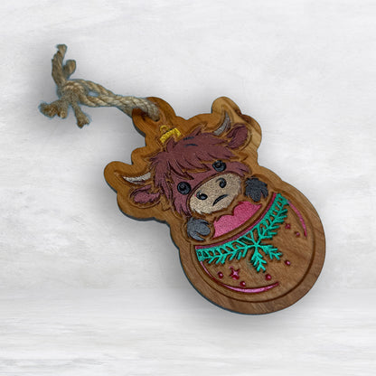 Highland Cow Ornament 1 - Precision Carved Solid Cherry Christmas Ornament - Made in USA
