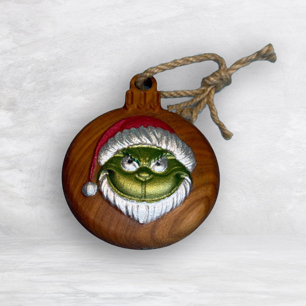 3D Carved Wood Grinch Ornament - Painted - Precision Carved Solid Cherry Christmas Ornament - Made in USA