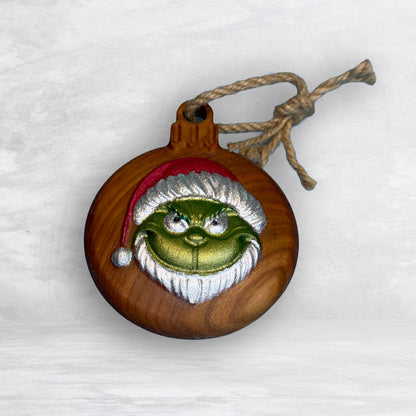 3D Carved Wood Grinch Ornament - Painted - Precision Carved Solid Cherry Christmas Ornament - Made in USA