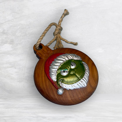 3D Carved Wood Grinch Ornament - Painted - Precision Carved Solid Cherry Christmas Ornament - Made in USA