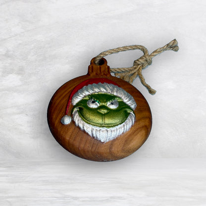3D Carved Wood Grinch Ornament - Painted - Precision Carved Solid Cherry Christmas Ornament - Made in USA