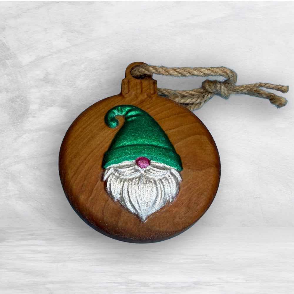 3D Carved Wood Gnome Ornament - Painted - Precision Carved Solid Cherry Christmas Ornament - Made in USA