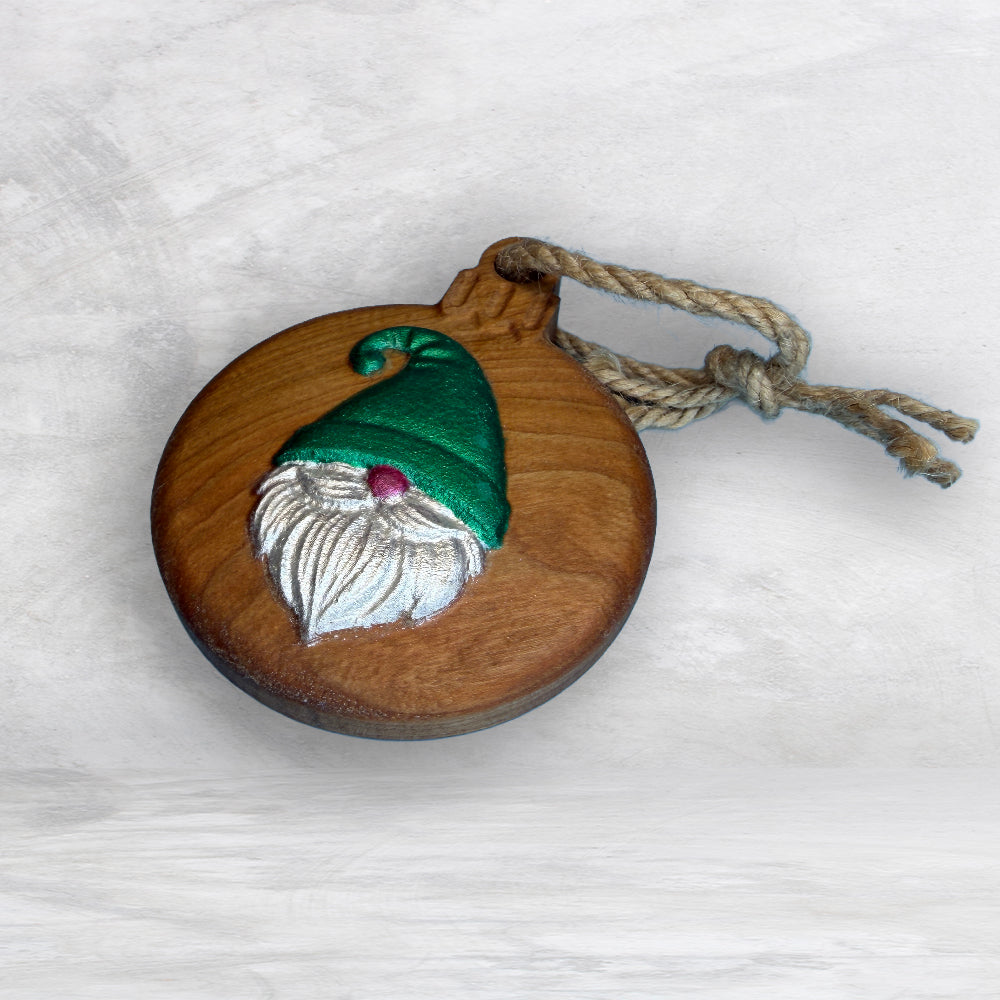 3D Carved Wood Gnome Ornament - Painted - Precision Carved Solid Cherry Christmas Ornament - Made in USA