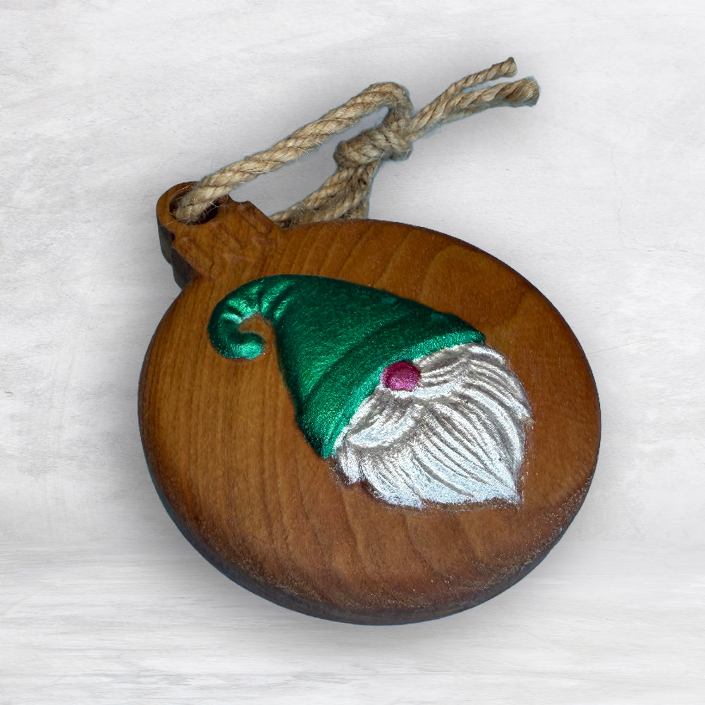 3D Carved Wood Gnome Ornament - Painted - Precision Carved Solid Cherry Christmas Ornament - Made in USA