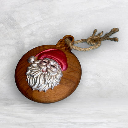 3D Carved Wood Santa Ornament - Painted - Precision Carved Solid Cherry Christmas Ornament - Made in USA