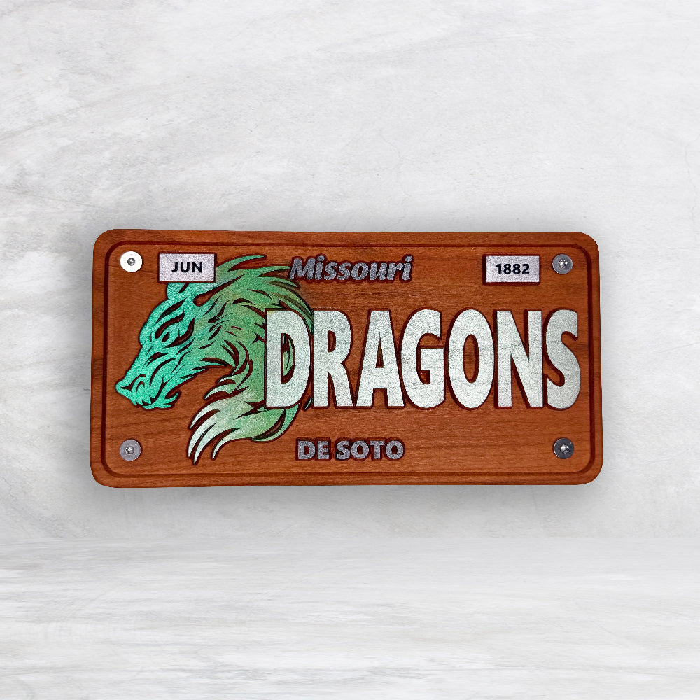De Soto Dragons Wood Novelty License Plate - DRAGONS - Solid Cherry Art Decor Collectible - Precision Carved - Hand Finished - Made in USA
