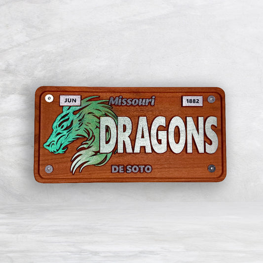 De Soto Dragons Wood Novelty License Plate - DRAGONS - Solid Cherry Art Decor Collectible - Precision Carved - Hand Finished - Made in USA