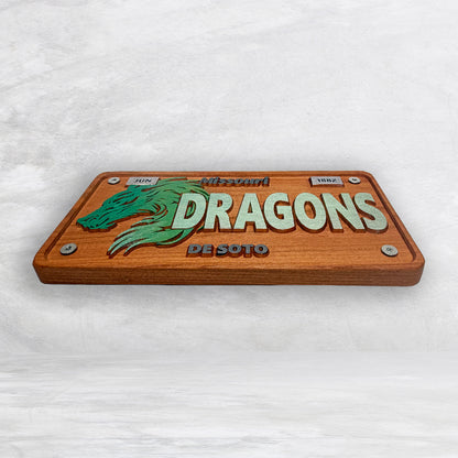 De Soto Dragons Wood Novelty License Plate - DRAGONS - Solid Cherry Art Decor Collectible - Precision Carved - Hand Finished - Made in USA