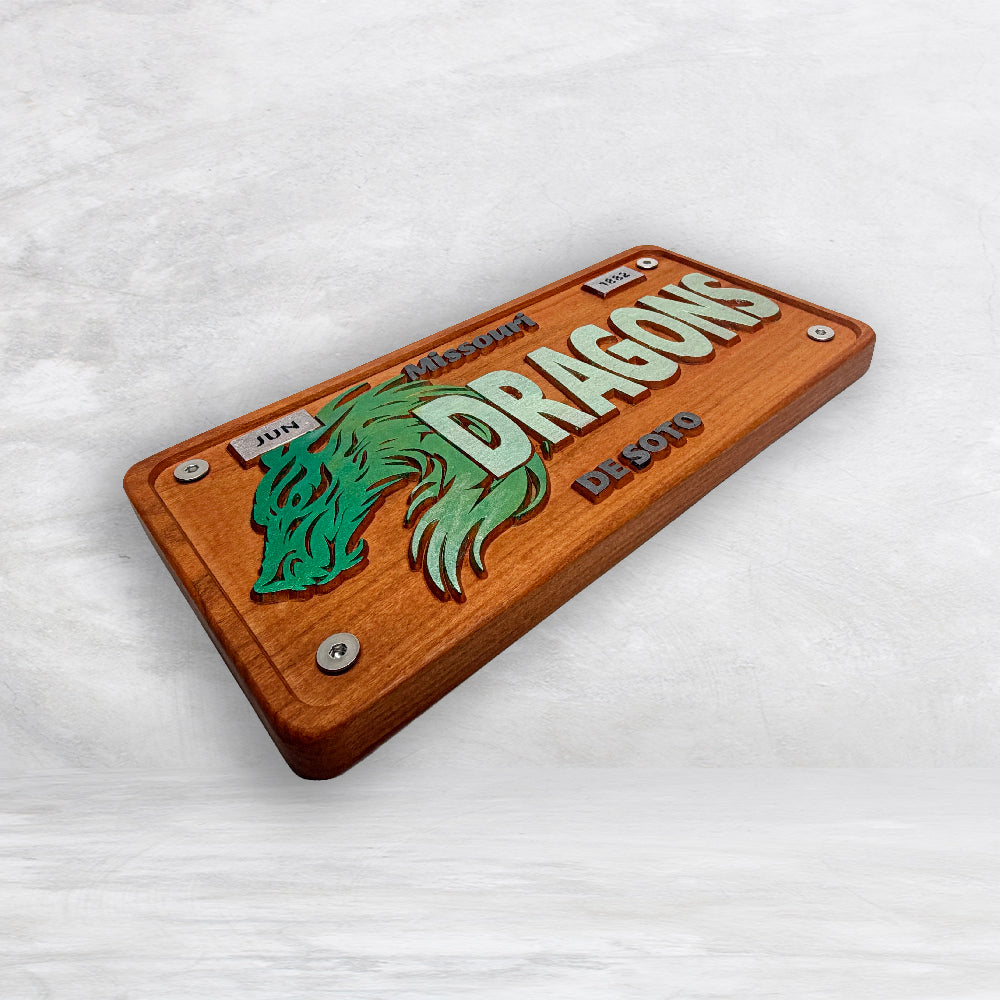 De Soto Dragons Wood Novelty License Plate - DRAGONS - Solid Cherry Art Decor Collectible - Precision Carved - Hand Finished - Made in USA