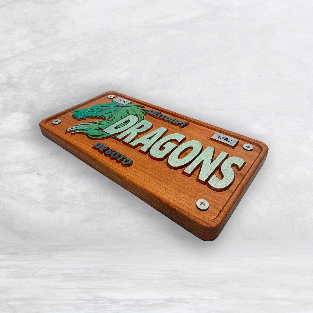 De Soto Dragons Wood Novelty License Plate - DRAGONS - Solid Cherry Art Decor Collectible - Precision Carved - Hand Finished - Made in USA
