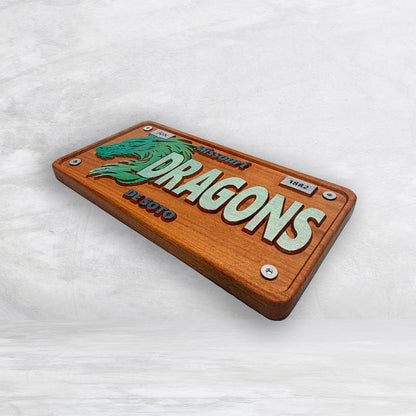 De Soto Dragons Wood Novelty License Plate - DRAGONS - Solid Cherry Art Decor Collectible - Precision Carved - Hand Finished - Made in USA