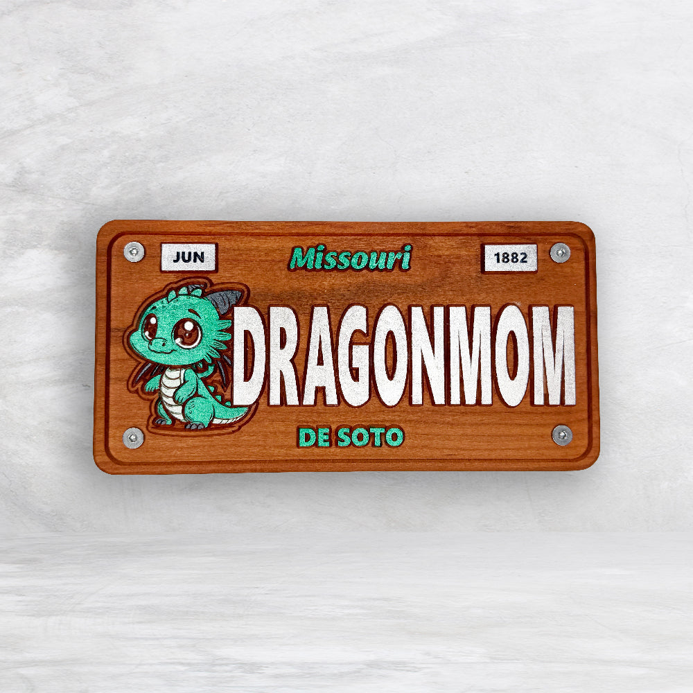 De Soto Dragons Wood Novelty License Plate - DRAGONMOM - Solid Cherry Art Decor Collectible - Precision Carved - Hand Finished - Made in USA