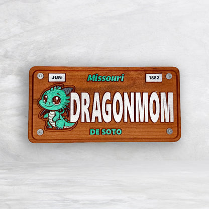 De Soto Dragons Wood Novelty License Plate - DRAGONMOM - Solid Cherry Art Decor Collectible - Precision Carved - Hand Finished - Made in USA